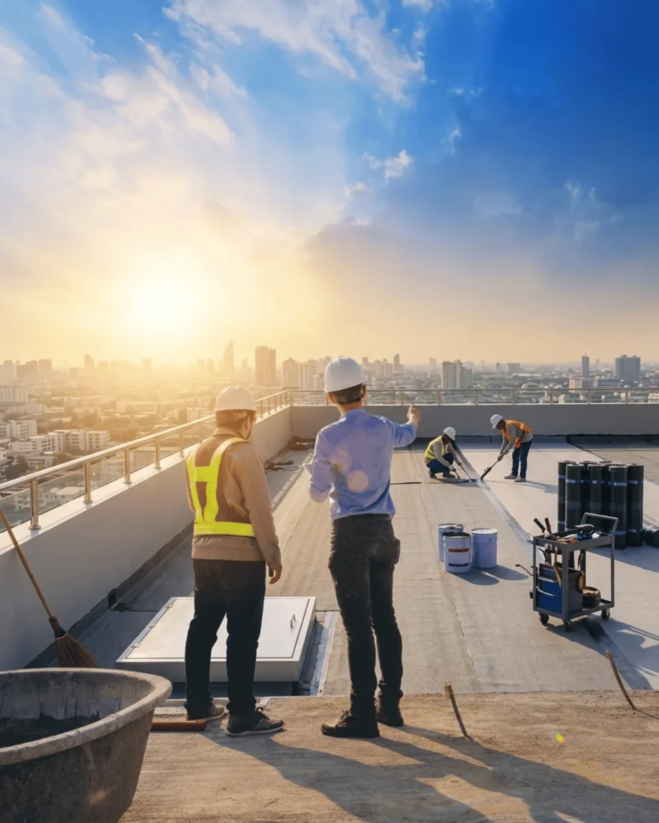 Dois técnicos da Enginear a acompanhar trabalhos na cobertura de um edifício